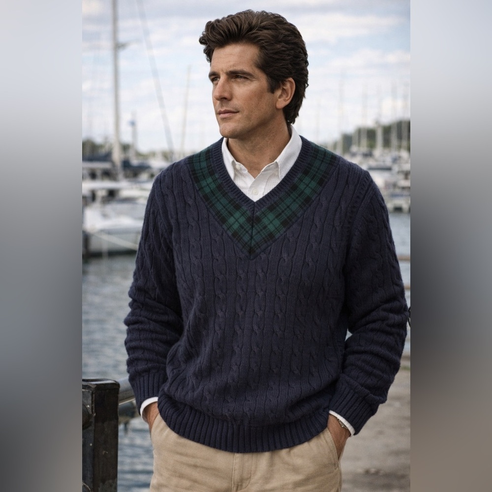 VTG 100% Cotton GAP Men's Cable Knit Blue Sweater Green Plaid Preppy JFK Jr.